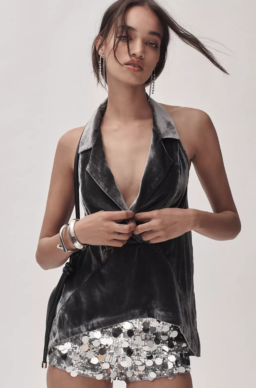 By Anthropologie THE DYLON Sleeveless Wide-Placket Top Velvet Edition Grey S NWT
